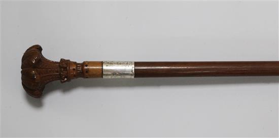 A late 19th century boxwood and mahogany cane, possibly a gift from the Prince of Wales, length 33.25in.
